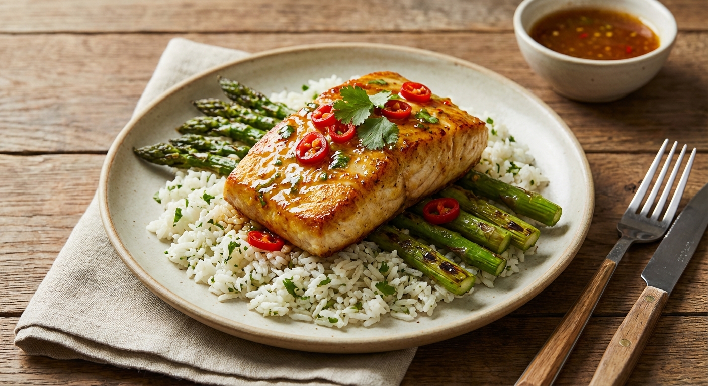 Chile-Lime Pan-Seared Mahi‑Mahi with Cilantro‑Jasmine Rice and Charred Asparagus