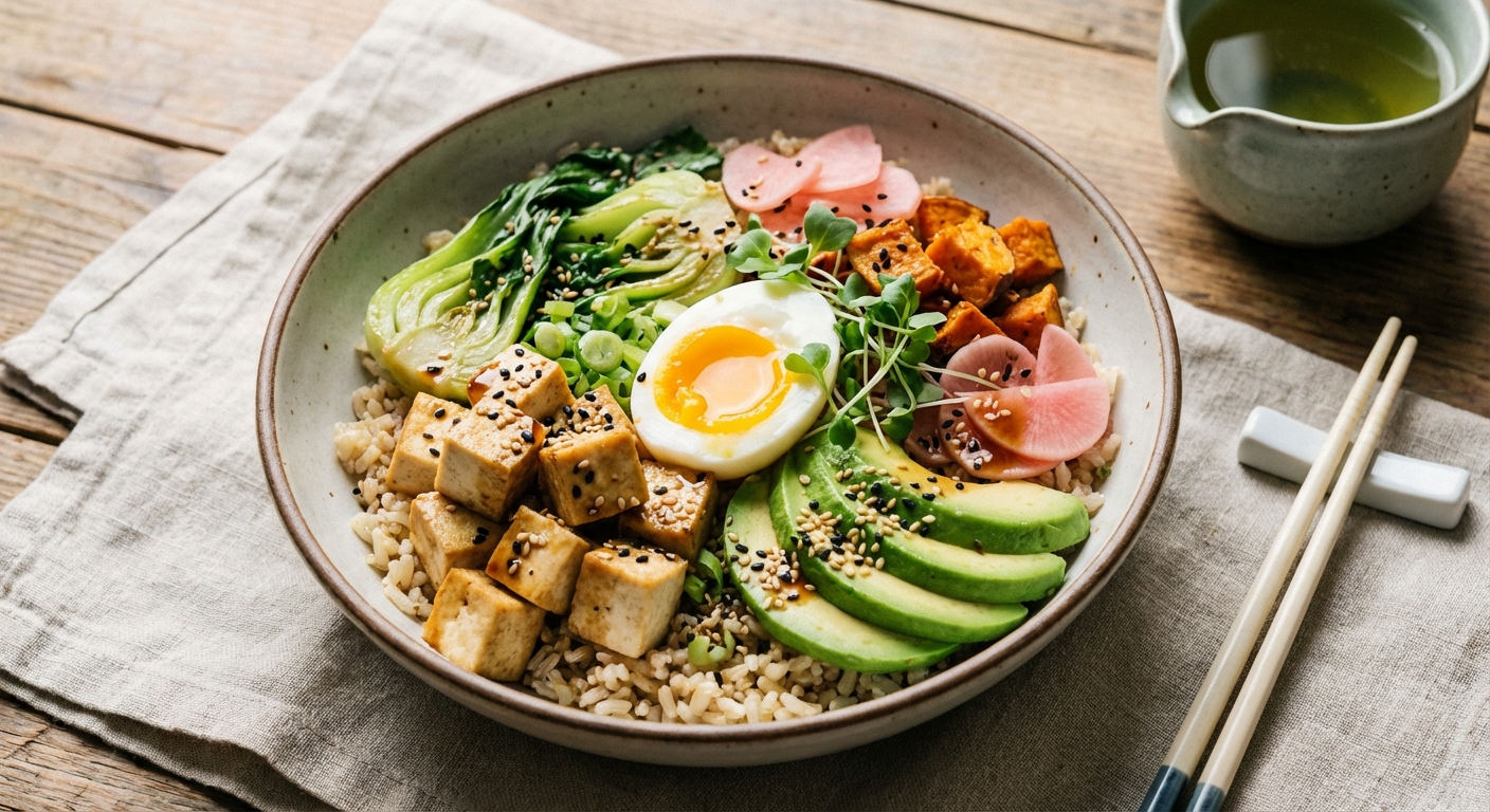 Tofu & Brown Rice Breakfast Bowl with Sesame