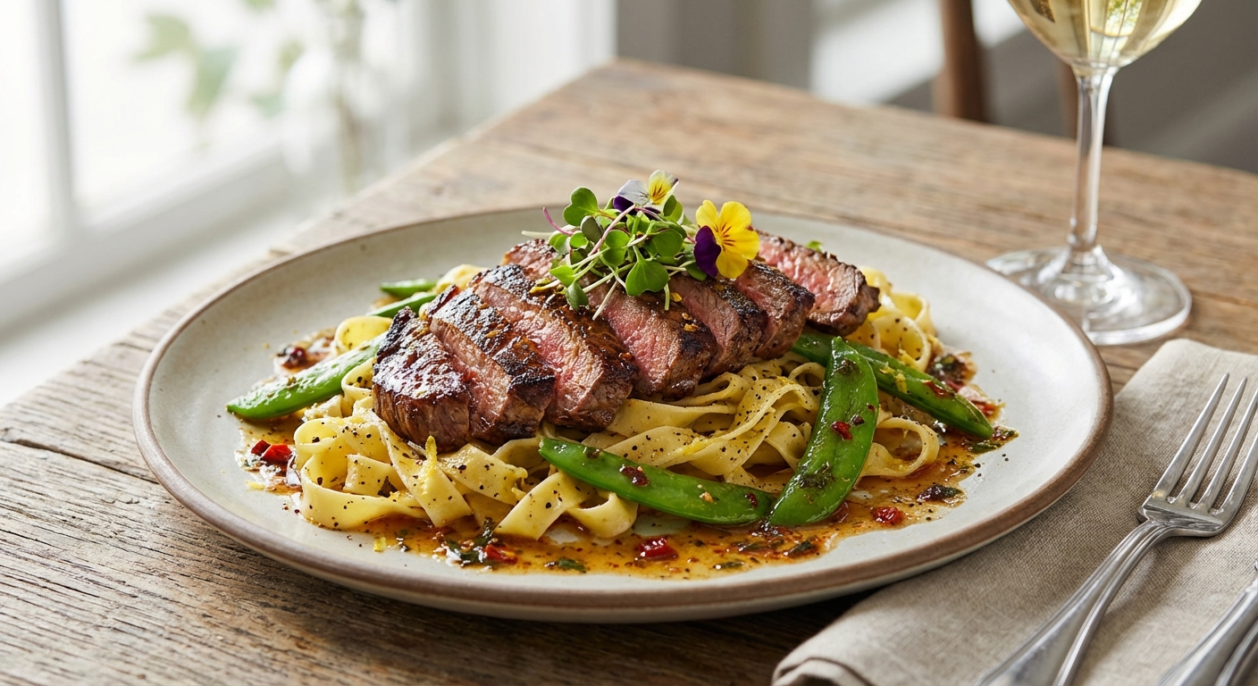 Seared Marinated Flank-Steak Strips with Lemon‑Pepper Tagliatelle, Snap Peas & Chili Brown Butter