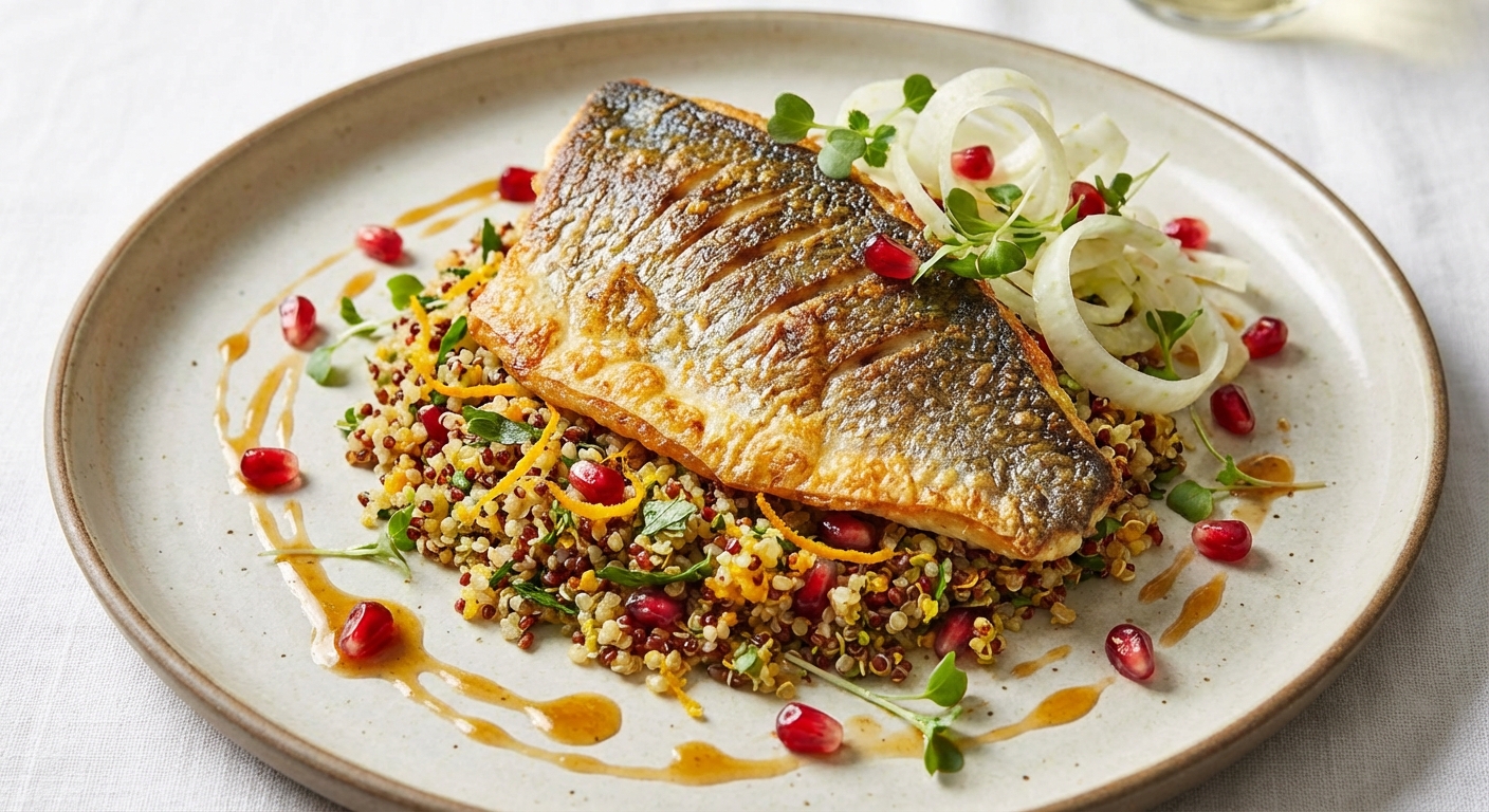 Crispy-Skin Sea Bream with Orange‑Scented Quinoa Pilaf, Shaved Fennel & Pomegranate
