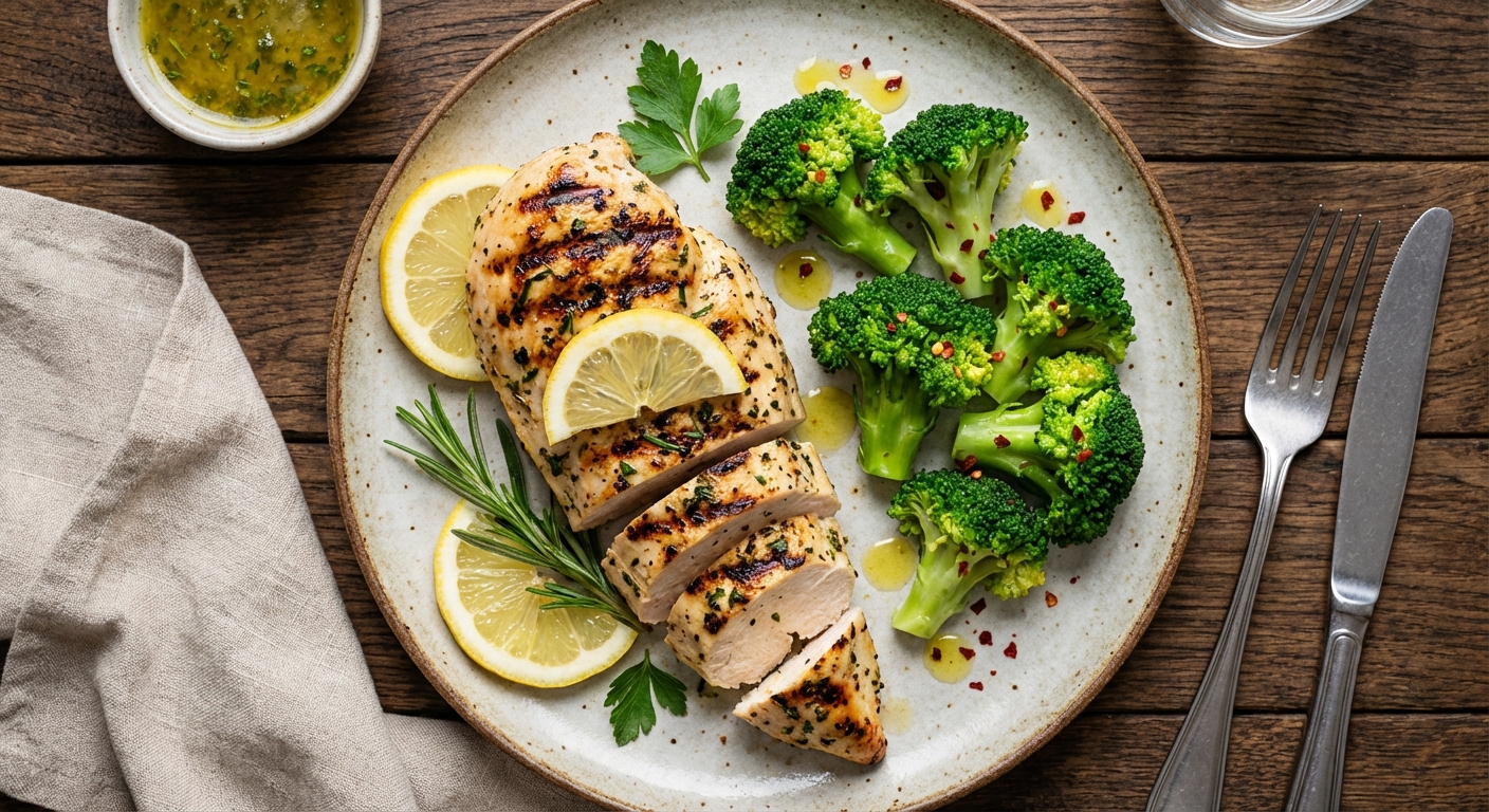 Grilled Lemon Herb Chicken with Steamed Broccoli