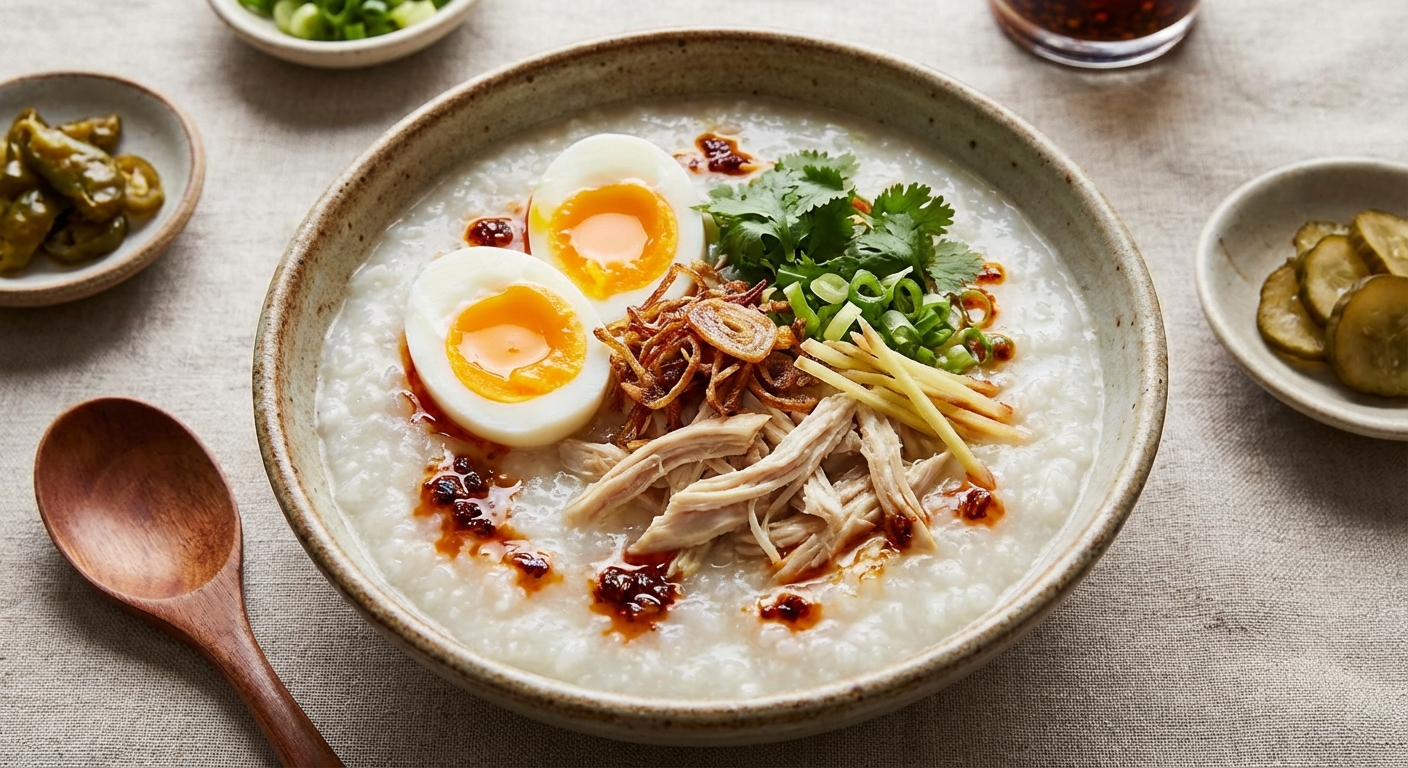 Savory Chicken Congee (Rice Porridge) with Soft-Boiled Eggs