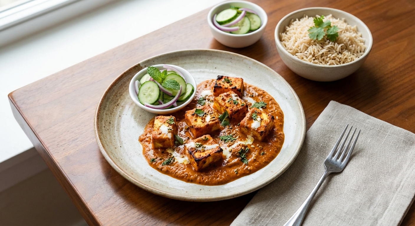 Paneer Tikka Masala with Brown Basmati Rice and Cucumber Salad