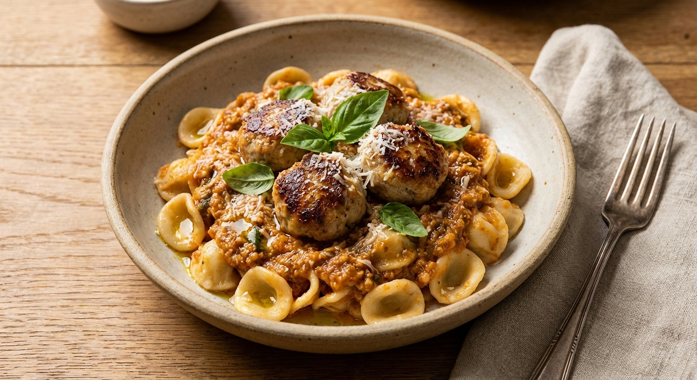 Pasta with Tomato-Basil Sauce and Turkey Meatballs