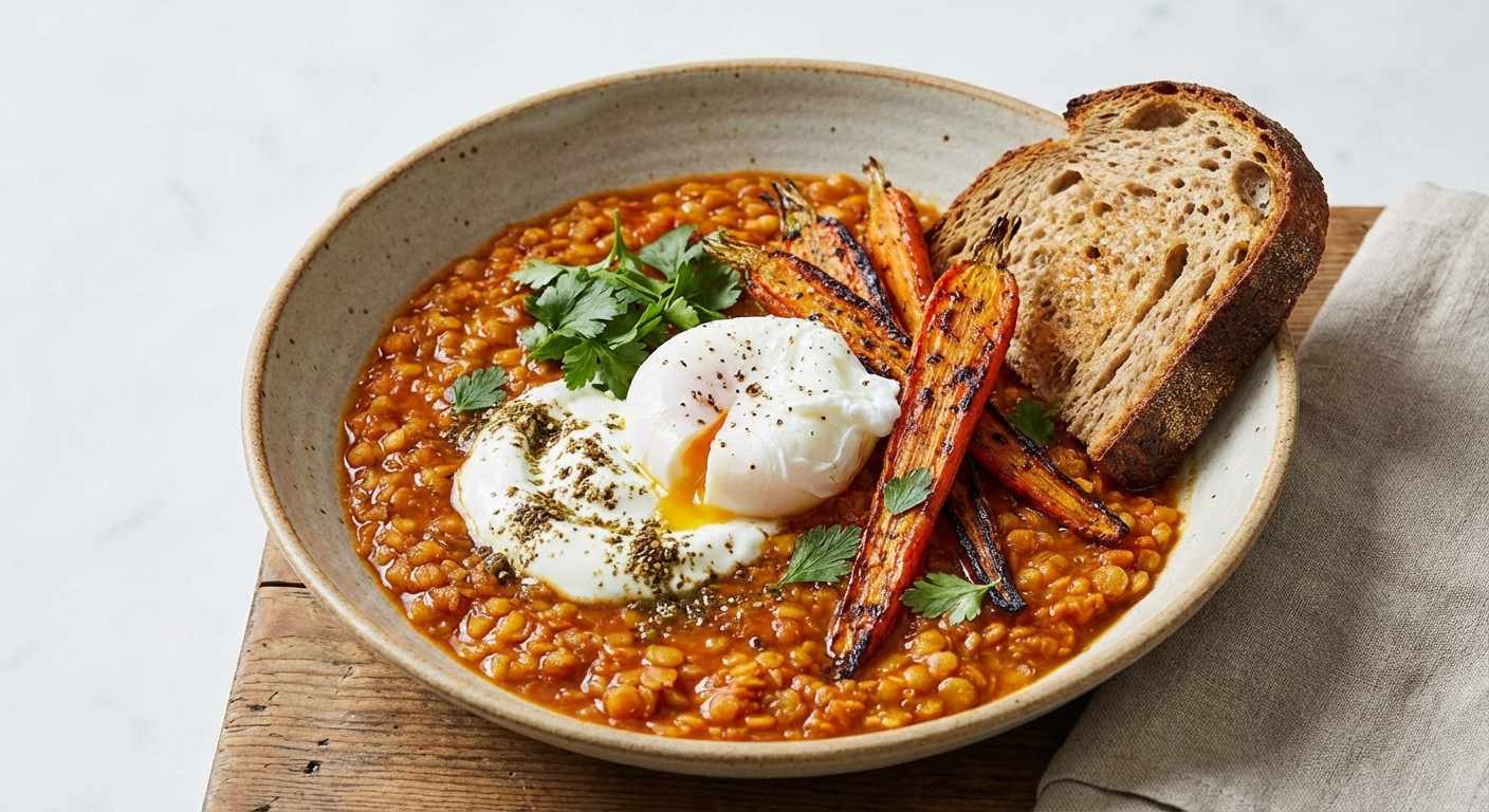 Spiced Red Lentil & Roasted Carrot Breakfast Bowl with Za'atar Yogurt & Rye Toast