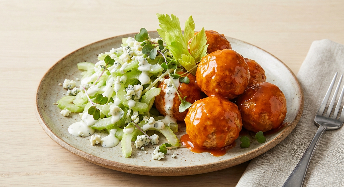 Buffalo-Sauced Ground Turkey Meatballs with Celery–Blue Cheese Slaw