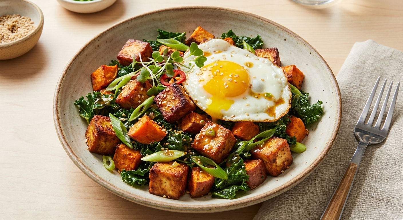 Crispy Miso-Maple Tofu Breakfast Hash with Roasted Sweet Potato, Wilted Kale & Scallion-Ginger Dressing
