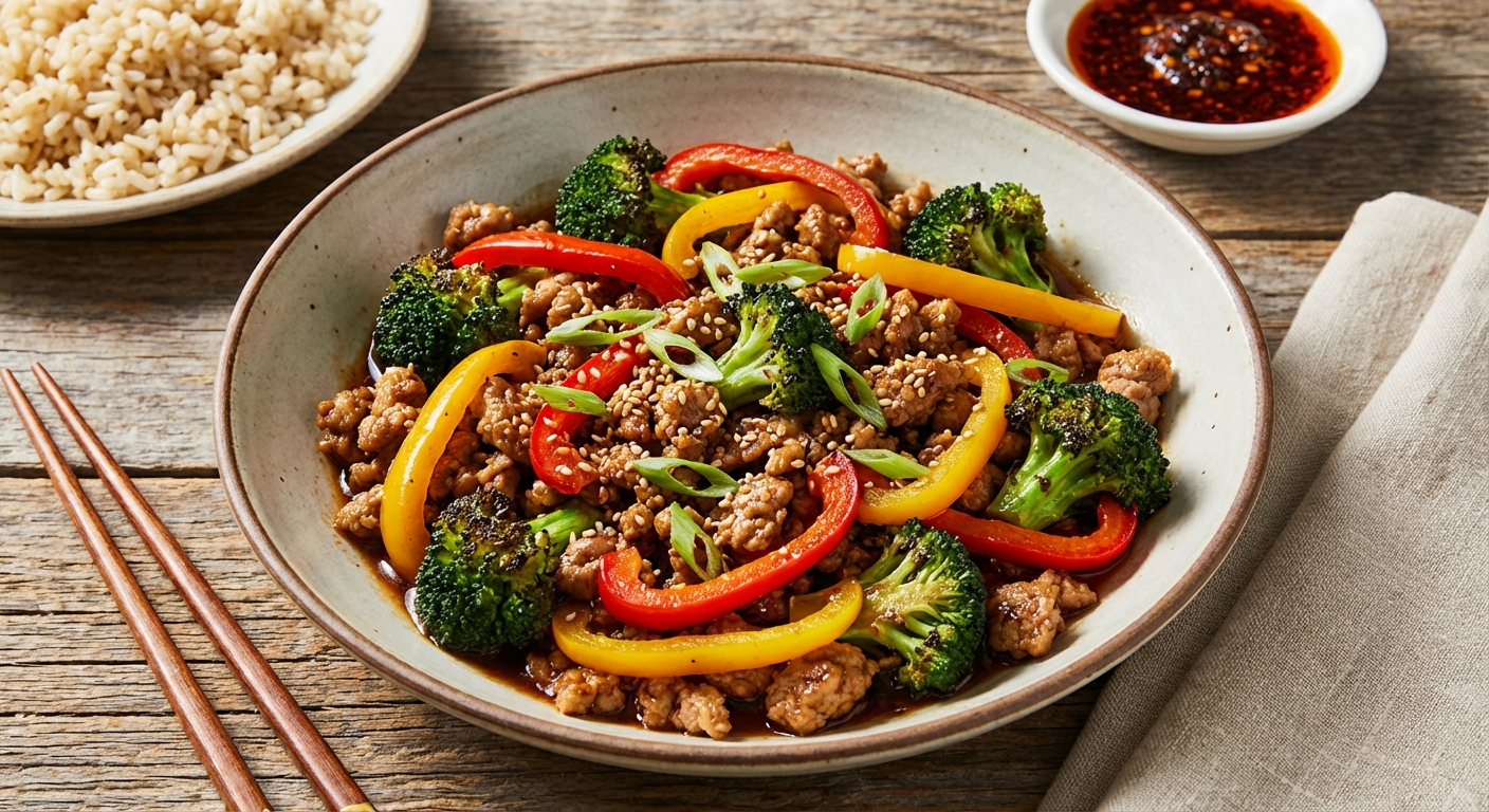 Wok-Seared Ground Turkey Stir-Fry with Broccoli & Bell Pepper