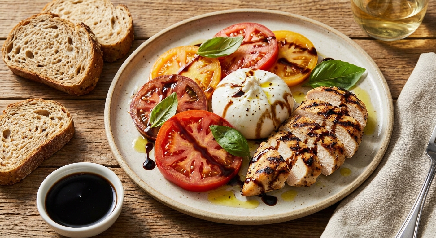 Caprese Salad with Grilled Chicken and Whole-Grain Baguette