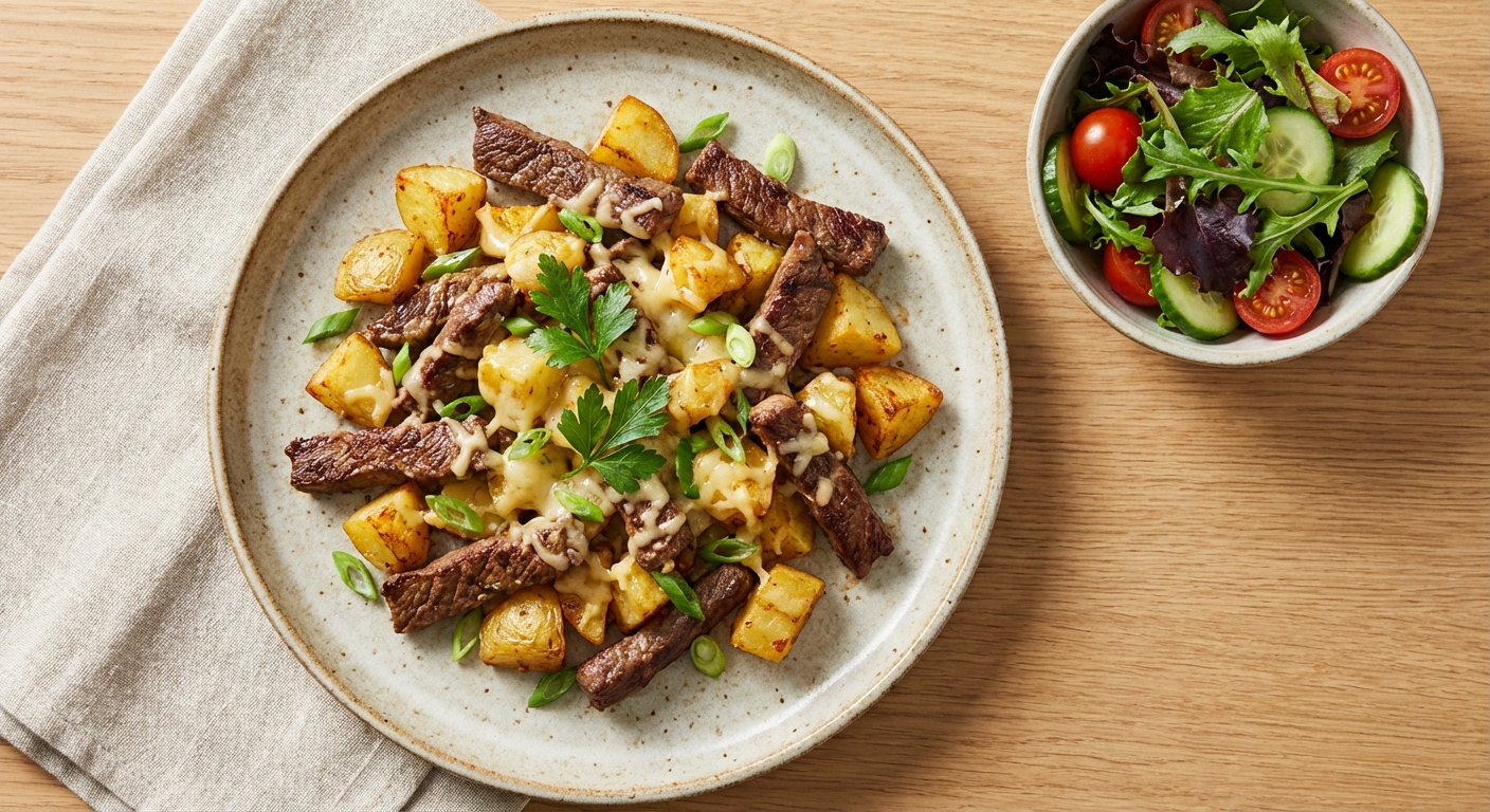 Cheesy Beef & Potato Stir-Fry with Side Salad