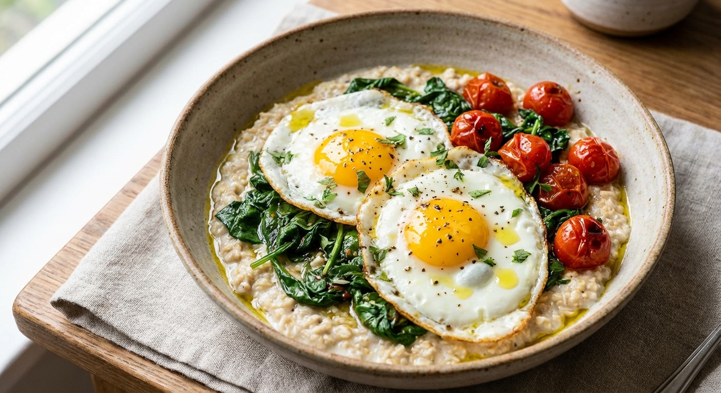 Savory Oats with Fried Eggs, Sautéed Spinach & Cherry Tomatoes