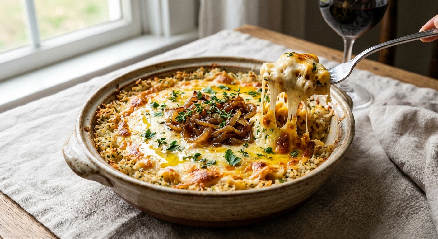 Baked Cheesy Pasta with Herbed Garlic Rice Crust & Caramelized Onions