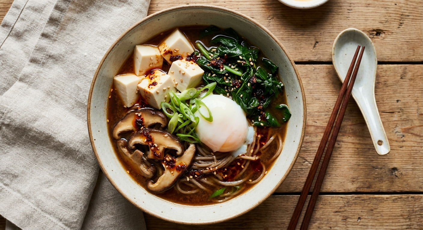 Smoky Soba Breakfast Bowl with Silken Tofu, Miso-Shiitake Broth & Winter Greens