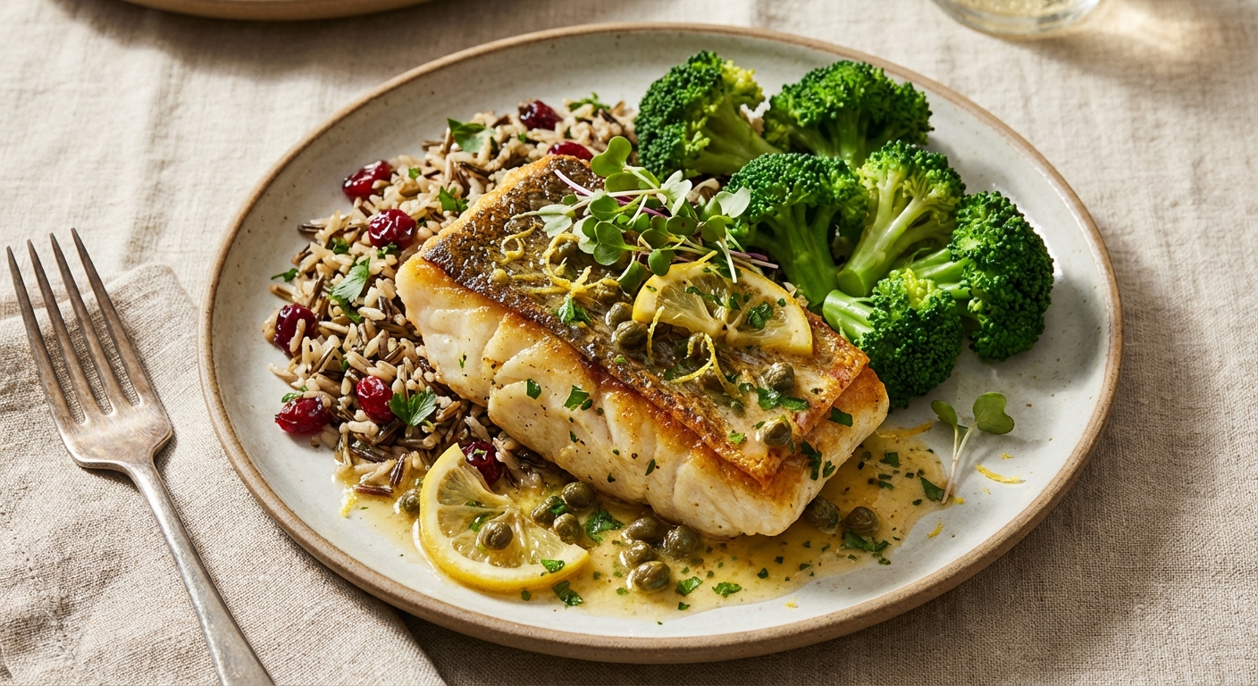 Pan-Seared Cod with Lemon-Caper Butter, Wild Rice & Steamed Broccoli