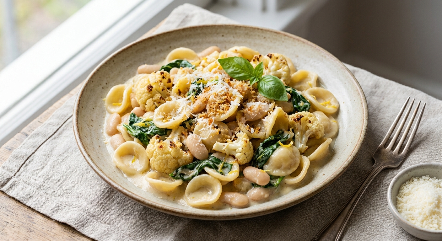 Creamy Cauliflower & White Bean Pasta with Spinach & Lemon