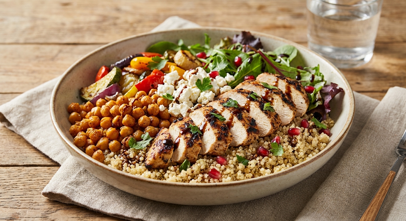 Warm Quinoa & Grilled Chicken Salad with Chickpeas and Feta
