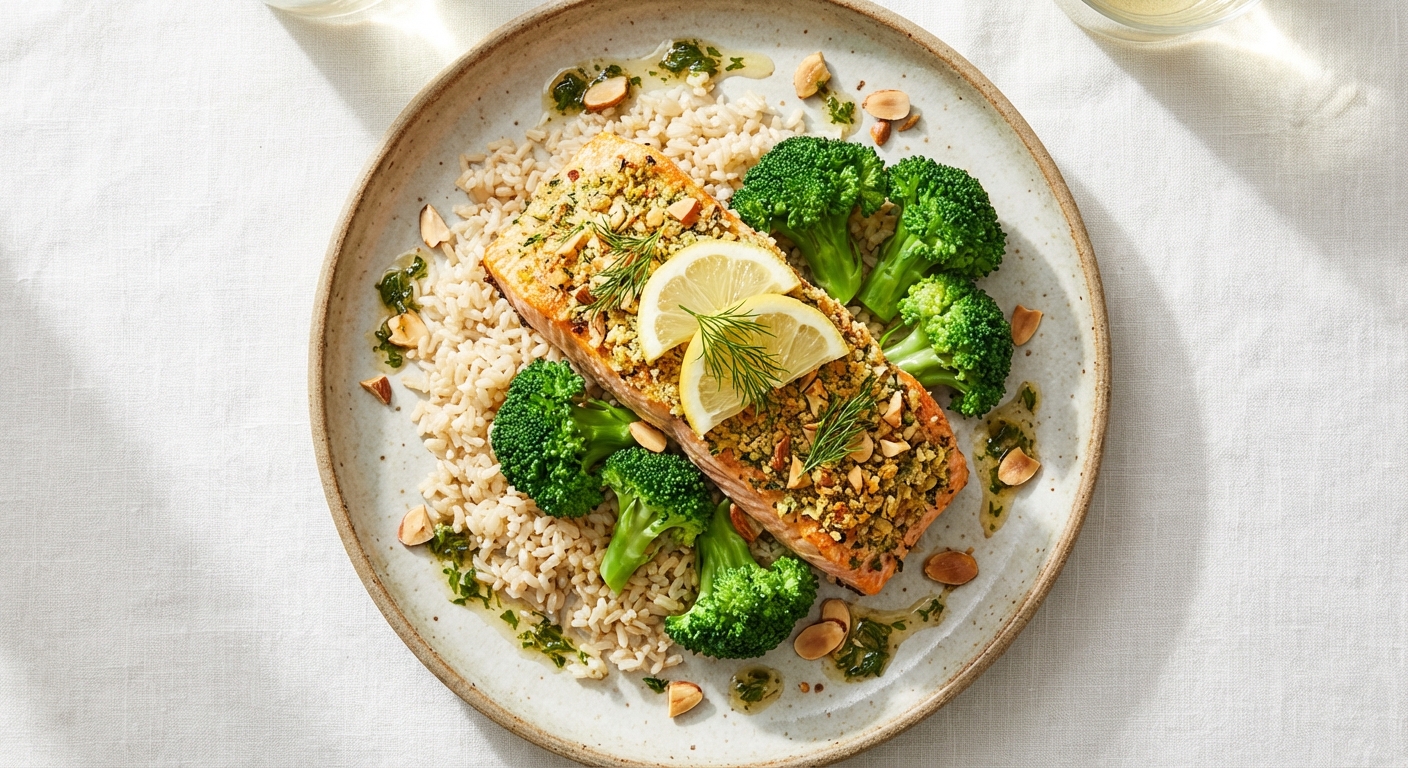Baked Salmon with Almond-Herb Crust, Brown Rice & Steamed Broccoli