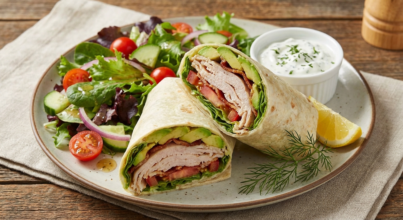 Turkey & Avocado Wrap with Side Salad and Greek Yogurt Dip
