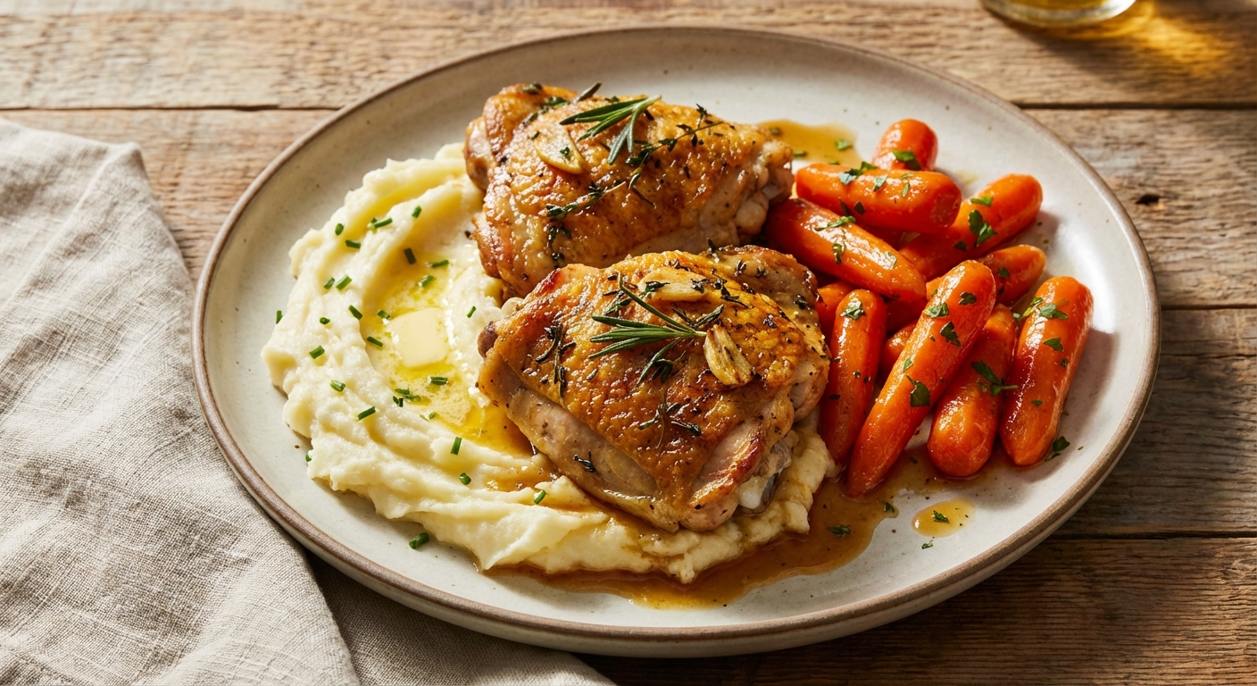 Herb-Roasted Chicken Thighs with Mashed Potatoes and Glazed Carrots