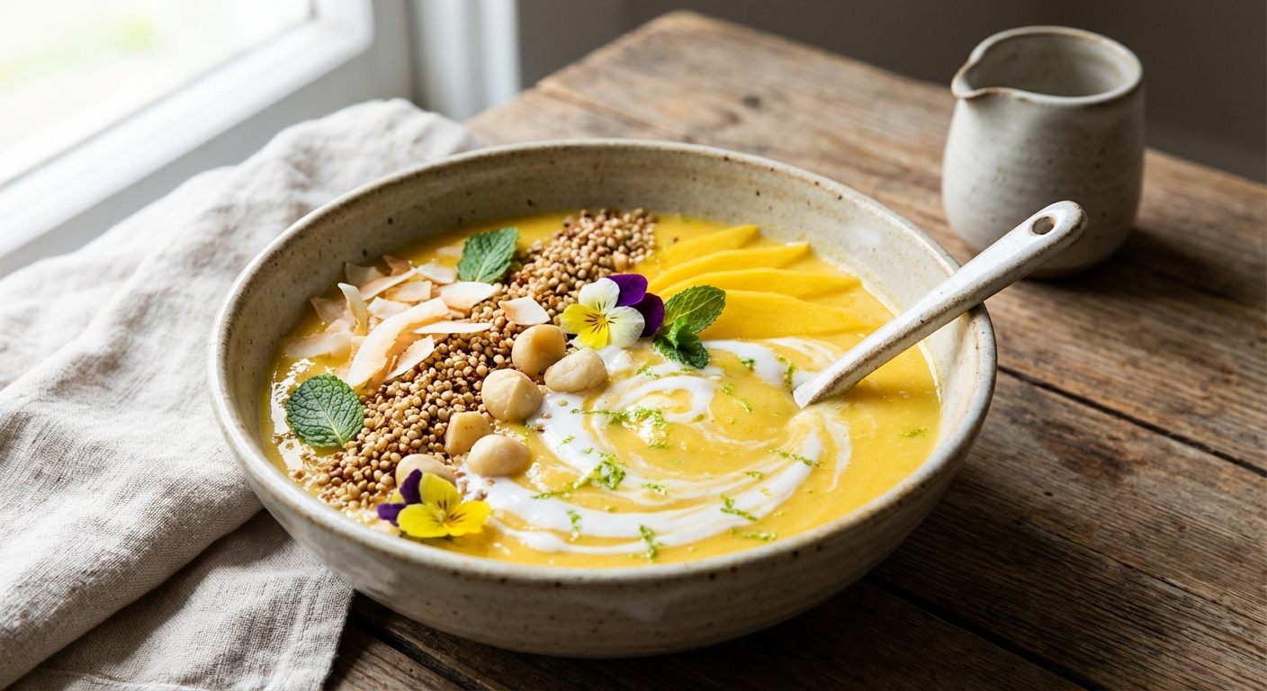 Coconut‑Lime Mango Smoothie Bowl with Toasted Quinoa Crisp & Macadamia