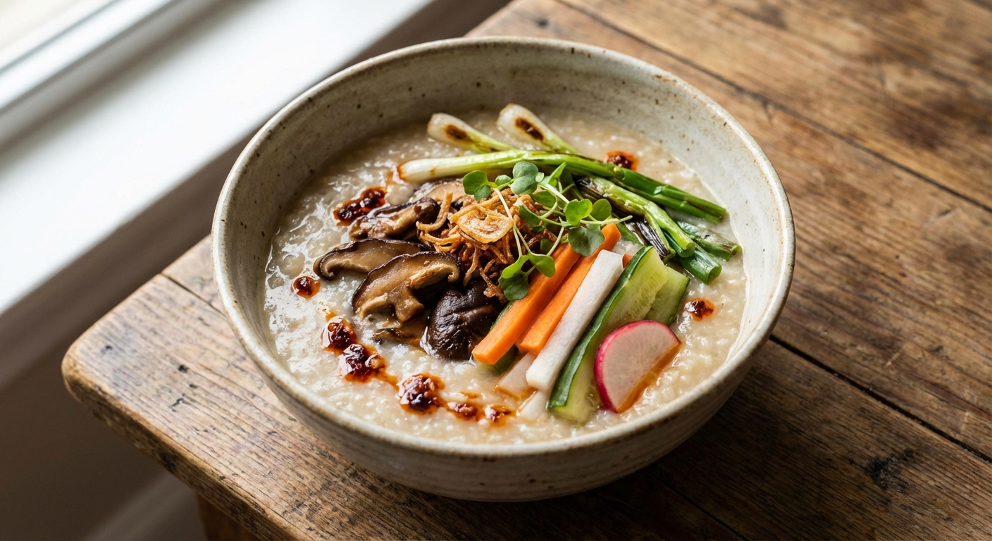 Shiitake Congee with Scallions & Quick Pickles
