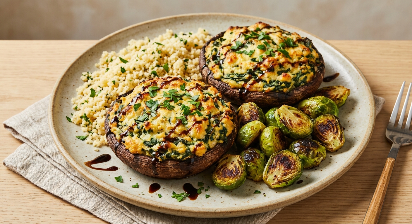 Ricotta-Spinach Stuffed Portobello Mushrooms with Garlic-Herb Couscous & Roasted Brussels Sprouts