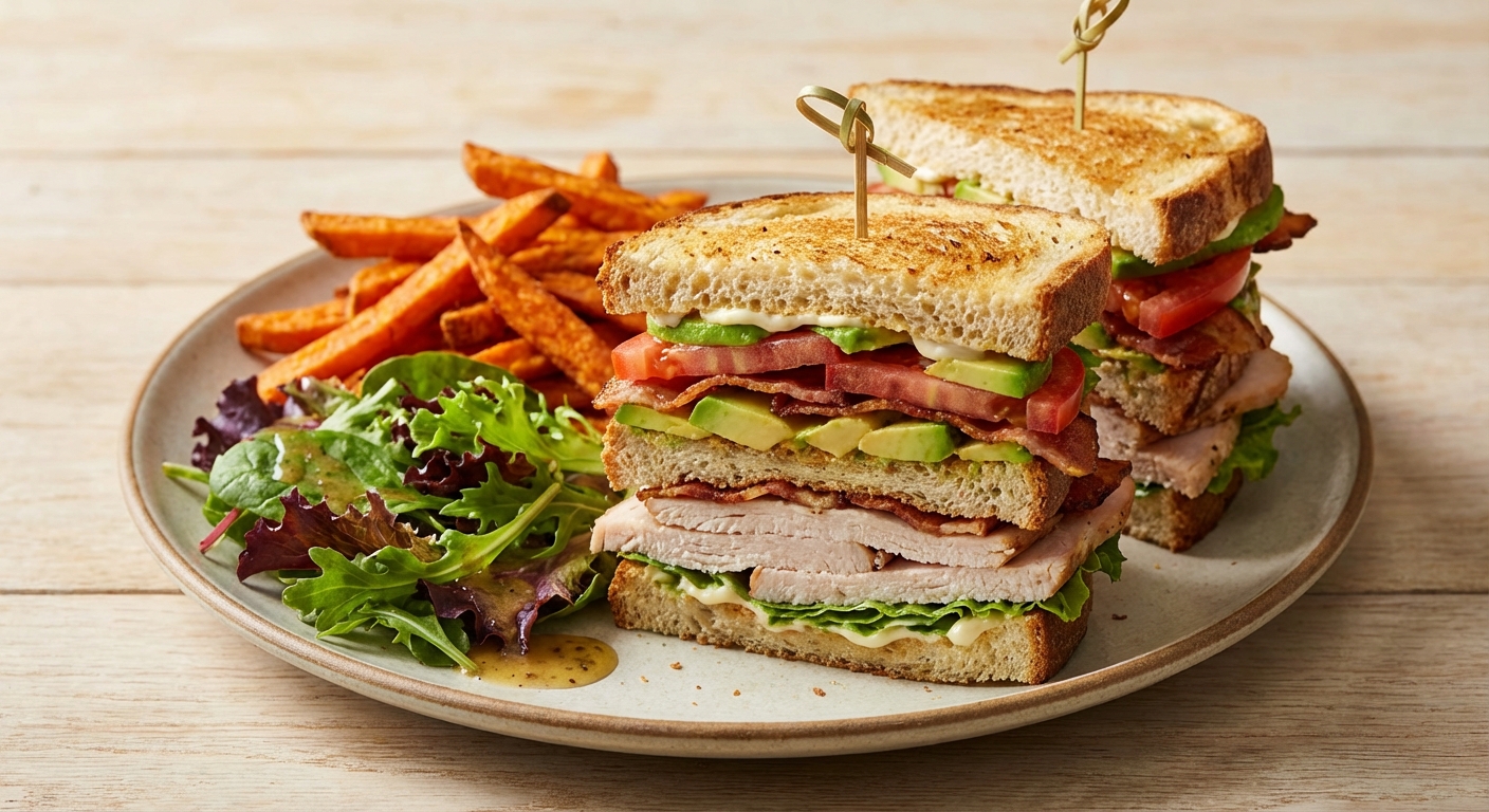 Turkey Club Sandwiches with Sweet Potato Fries & Mixed Greens