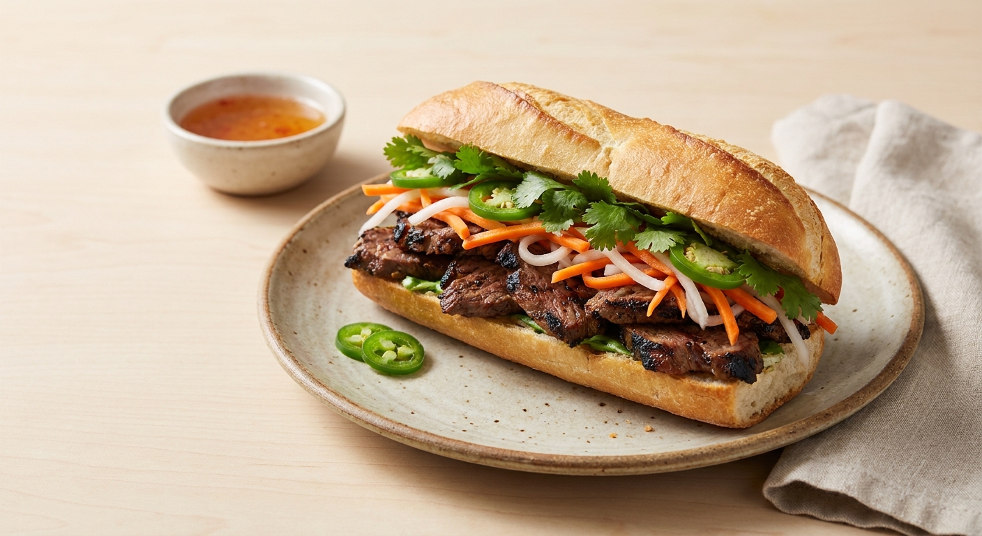 Grilled Lemongrass Beef Banh Mi with Quick-Pickled Carrots & Daikon
