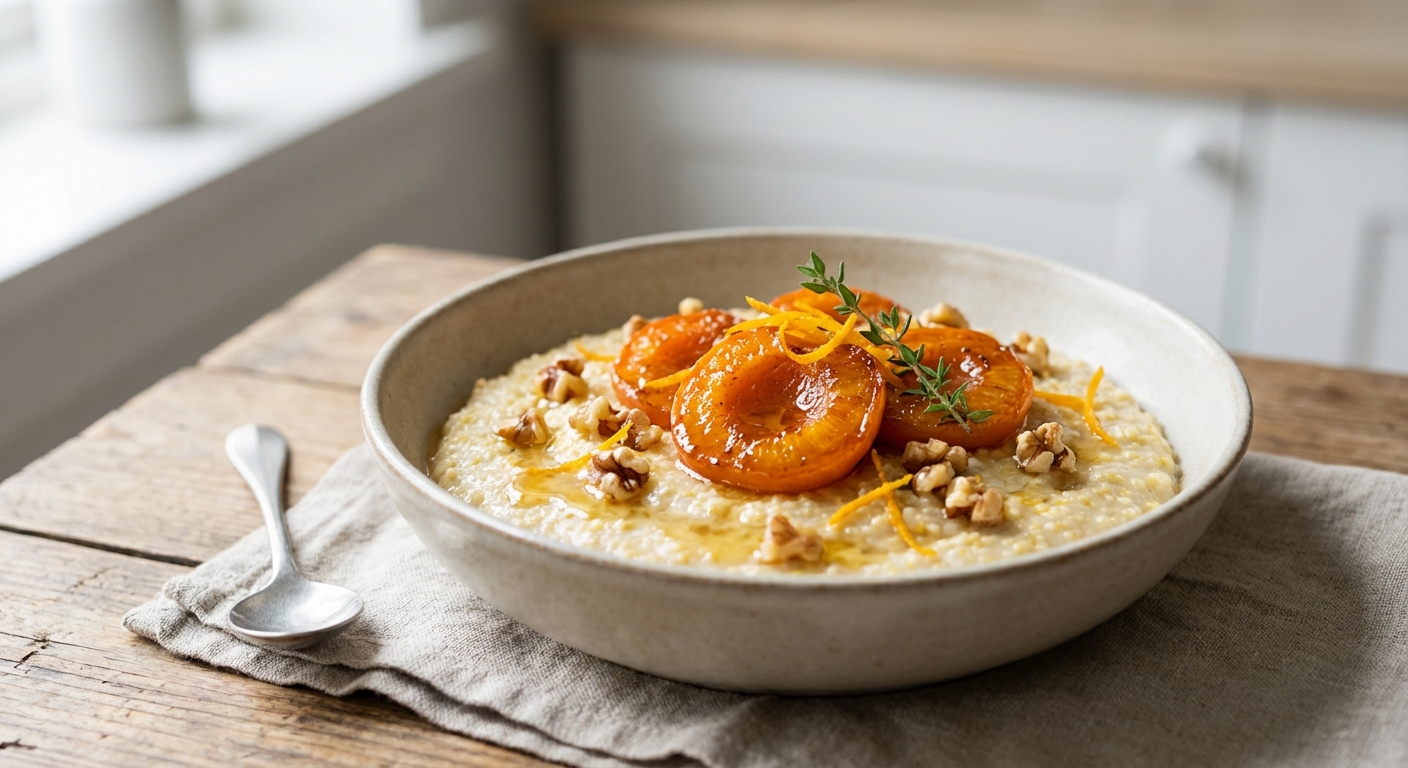 Warm Millet Porridge with Honeyed Roasted Apricots, Toasted Walnuts & Orange Zest