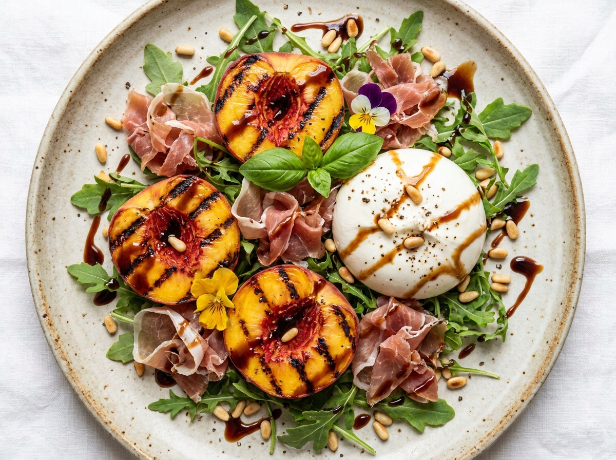 Grilled Peach & Burrata Salad with Prosciutto, Arugula & Balsamic-Honey Drizzle