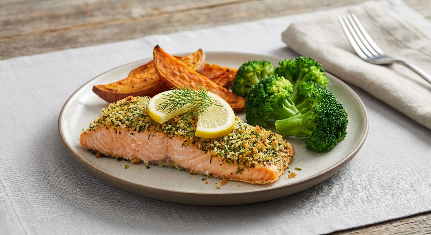Herb-Crusted Baked Salmon with Roasted Sweet Potato & Steamed Broccoli