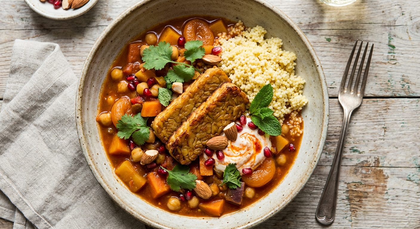 Moroccan Vegetable Stew with Seared Tempeh and Millet