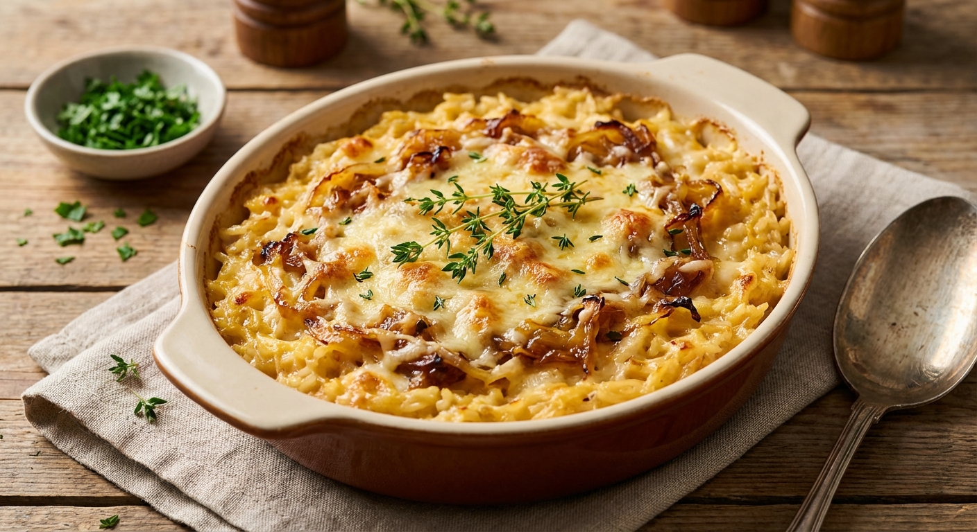Cheesy Rice and Onion Pasta Bake