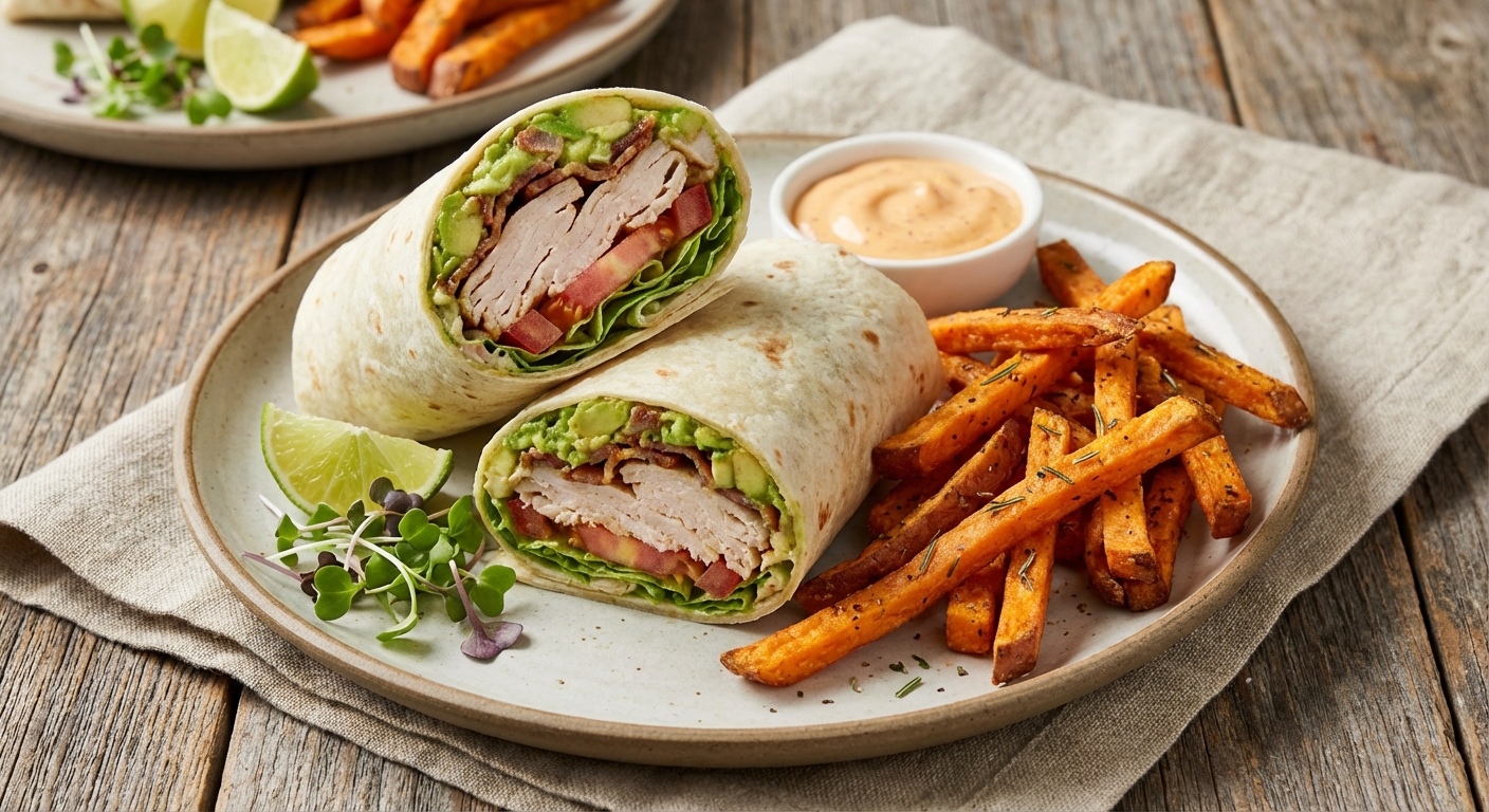 Turkey & Avocado Wrap with Baked Sweet Potato Fries