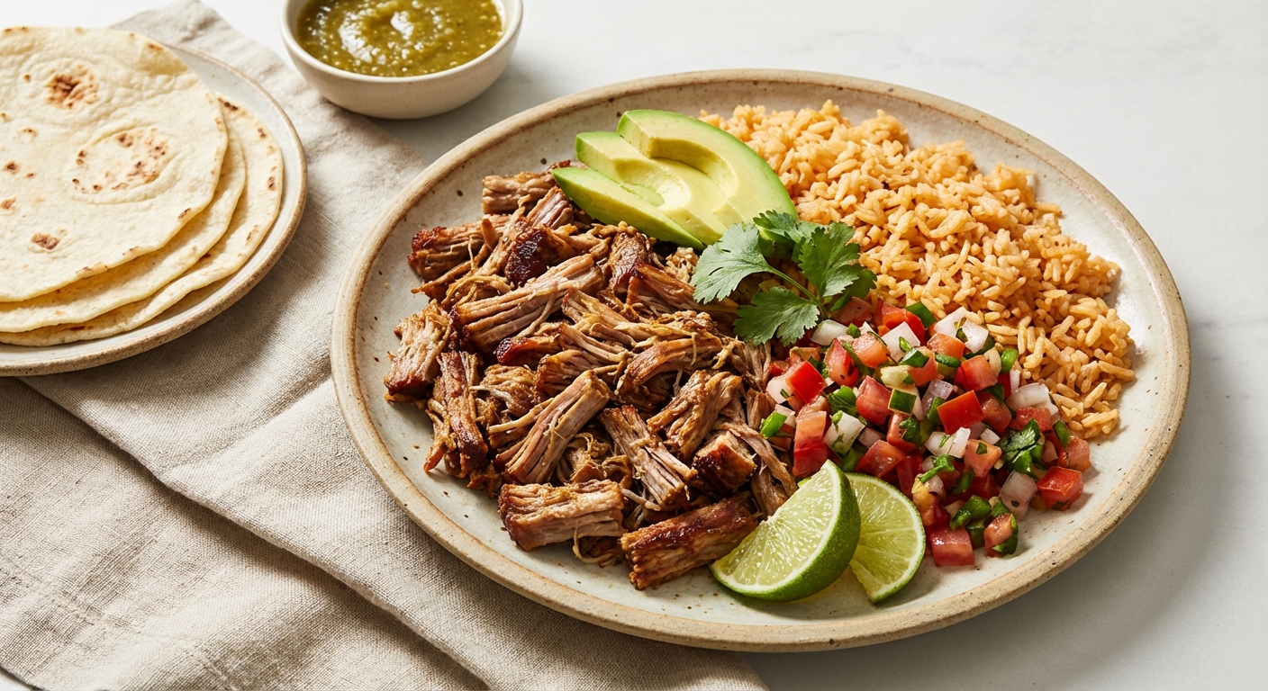 Slow-Cooked Pork Carnitas with Rice & Pico de Gallo