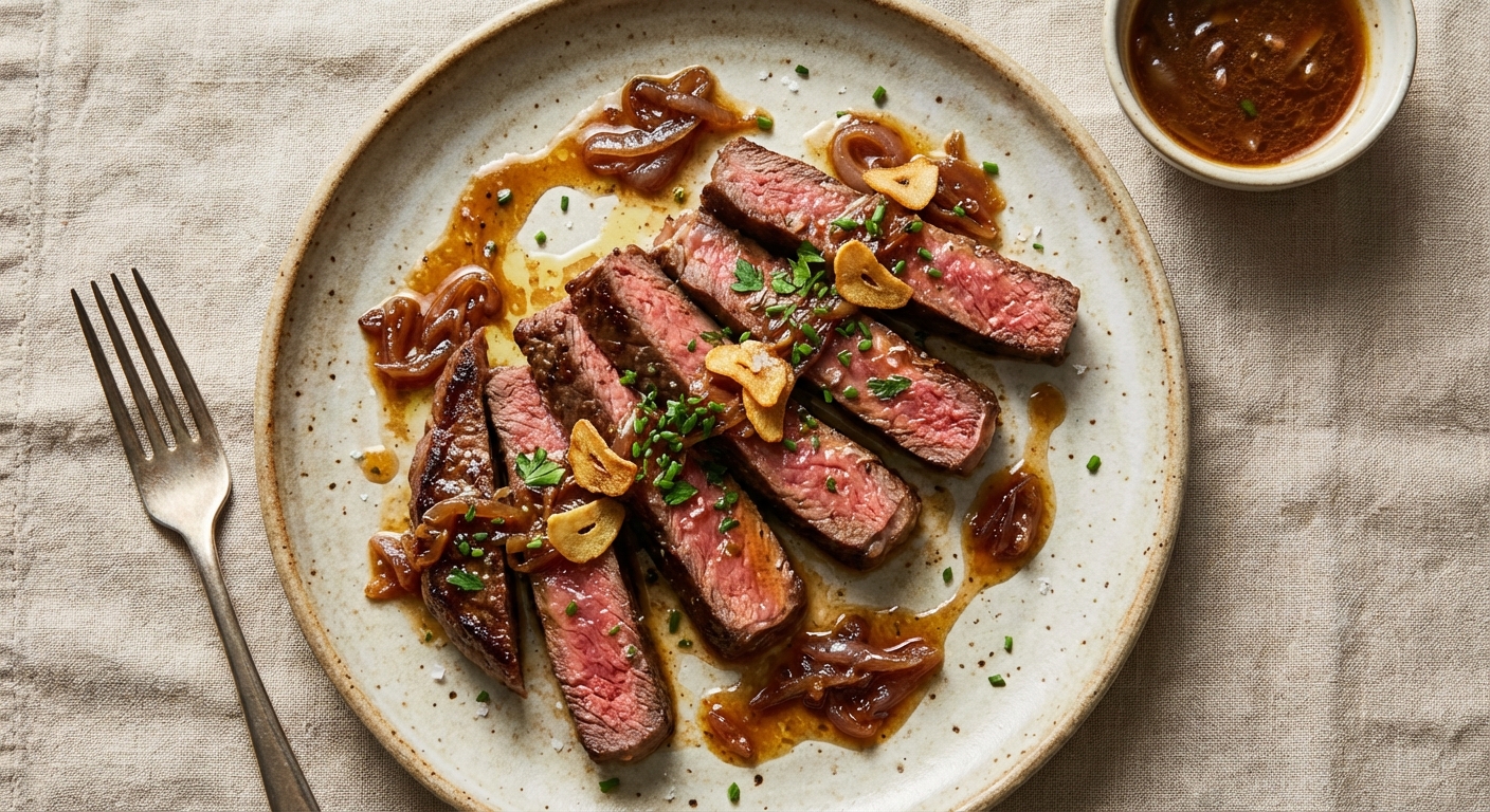 Garlic-Butter Pan-Seared Beef Strips with Shallot-Pan Sauce
