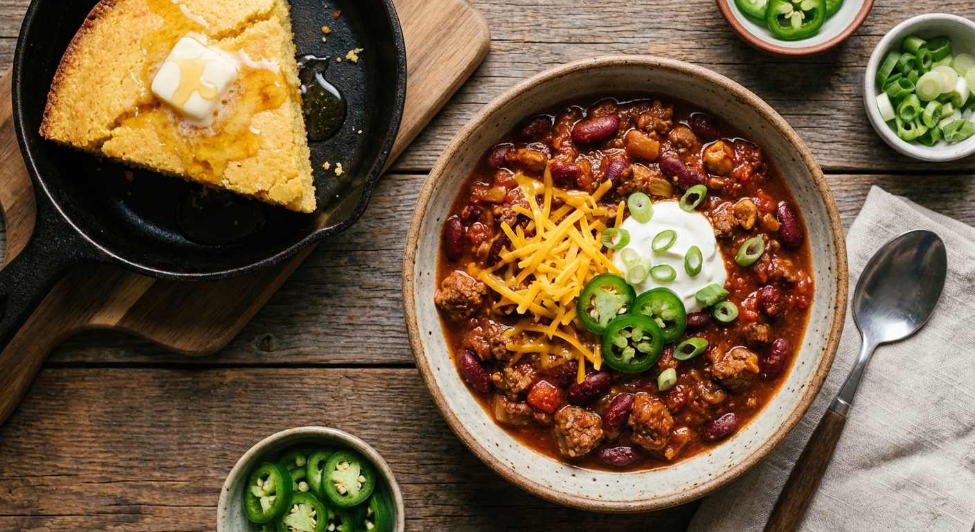 Hearty Beef Chili with Kidney Beans & Cornbread