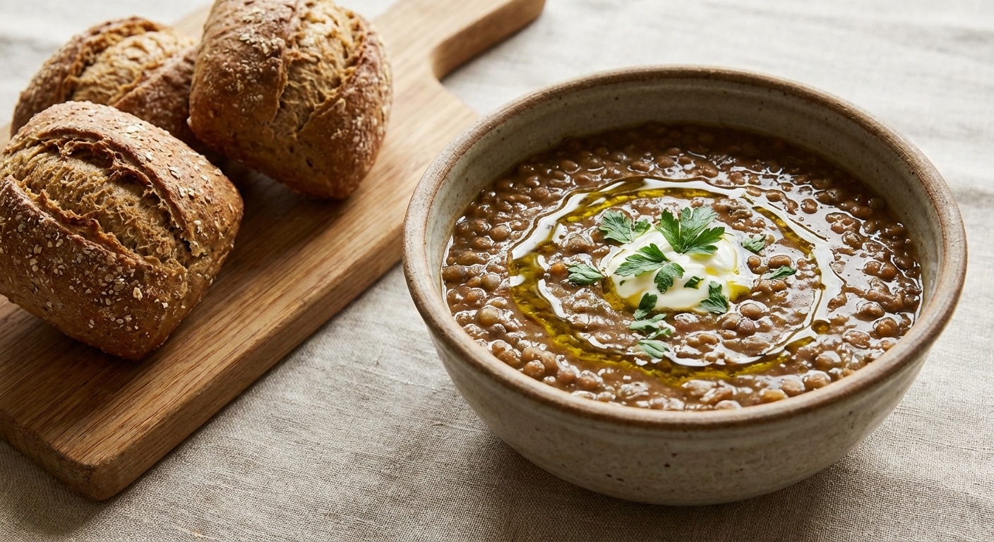 Hearty Brown Lentil Soup with Warm Whole-Grain Rolls