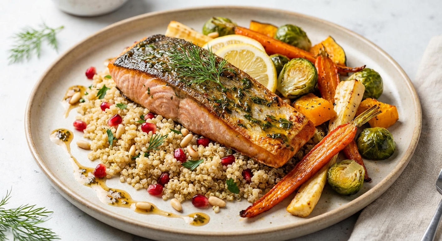 Oven-Baked Salmon with Quinoa and Roasted Winter Vegetables