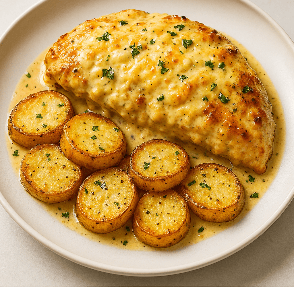 Creamy Garlic Cheesy Chicken & Potatoes