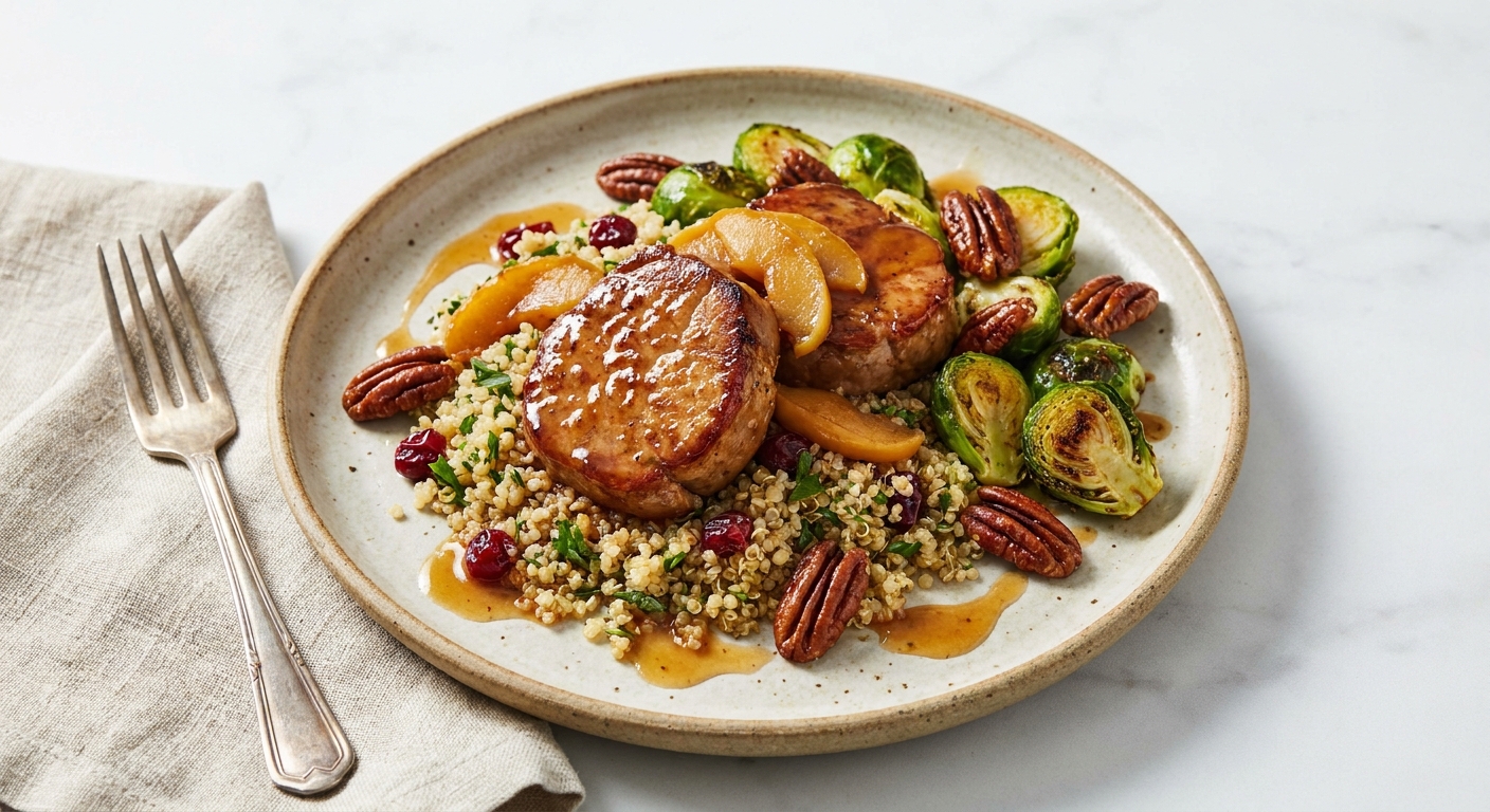 Apple-Cider Braised Pork Medallions with Herbed Quinoa, Roasted Brussels Sprouts & Candied Pecans