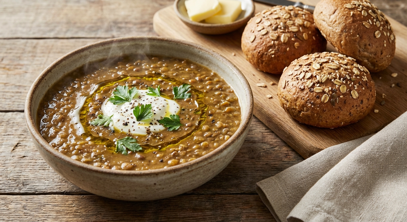Hearty Lentil Soup with Warm Whole-Grain Rolls