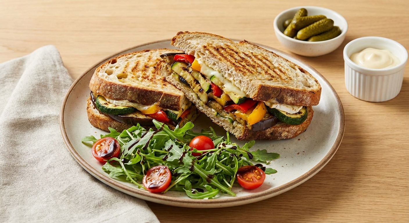 Grilled Veg & Goat Cheese Panini with Side Salad