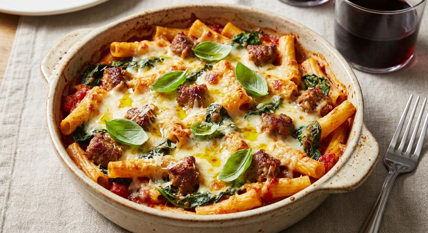 Baked Ziti with Italian Sausage & Spinach