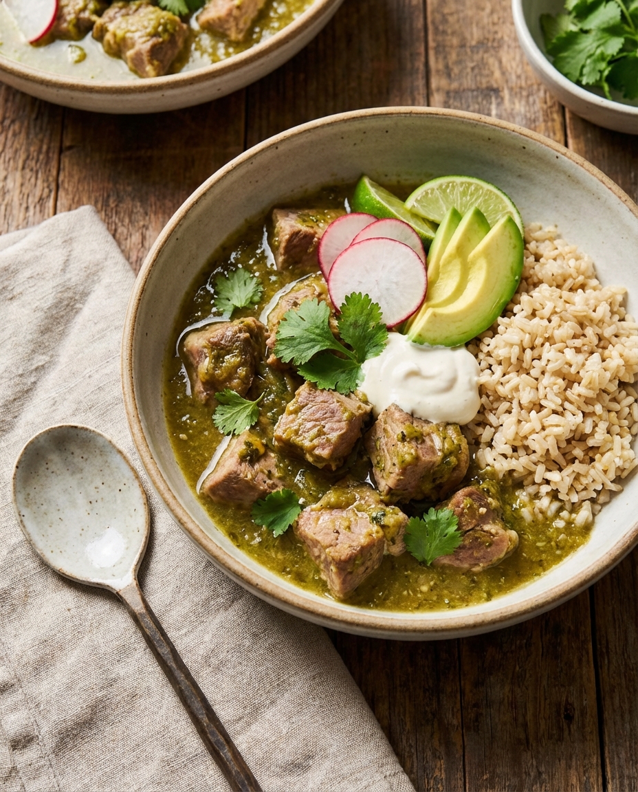 Citrus-Braised Pork Shoulder Chili Verde with Brown Rice