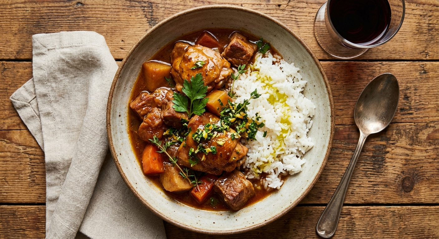 Hearty Chicken and Pork Stew with Rice