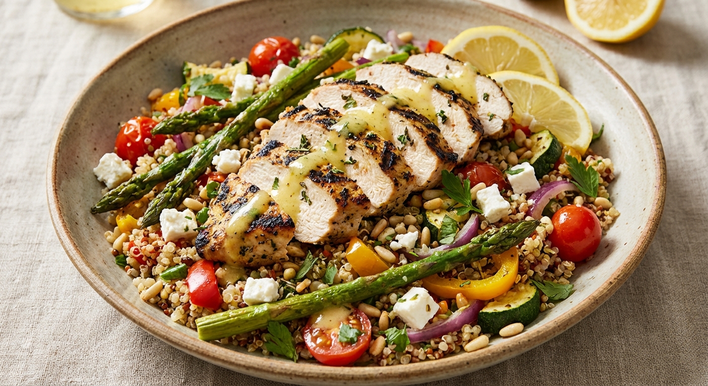 Grilled Lemon Chicken & Quinoa Salad with Roasted Veg