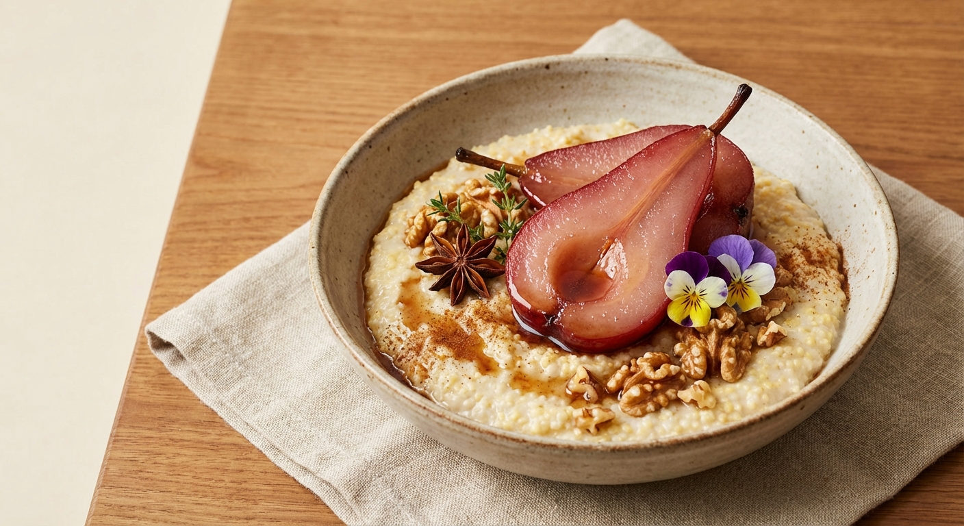 Warm Spiced Millet Porridge with Poached Pear & Toasted Walnuts