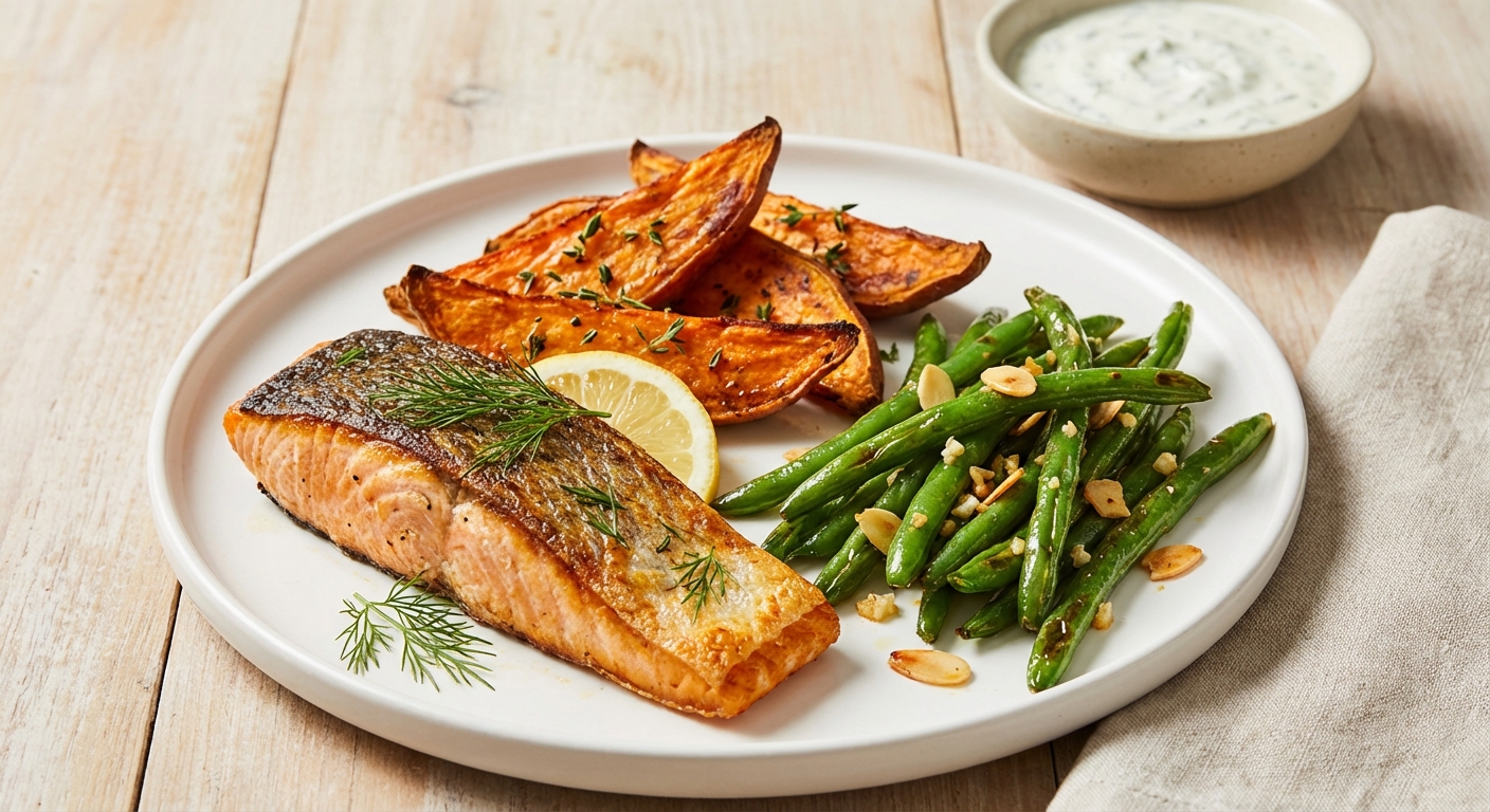 Oven-Baked Salmon with Roasted Sweet Potato Wedges & Sautéed Garlicky Green Beans