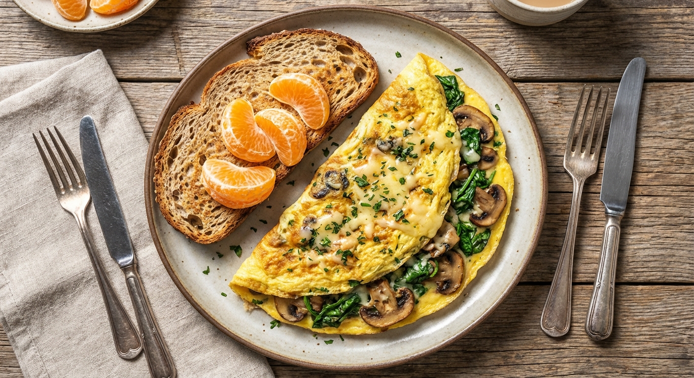 Spinach & Mushroom Omelette with Whole-grain Toast and Clementine